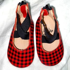 S O L D Monkey Feet red and black checked ballet flats 3-6 months
